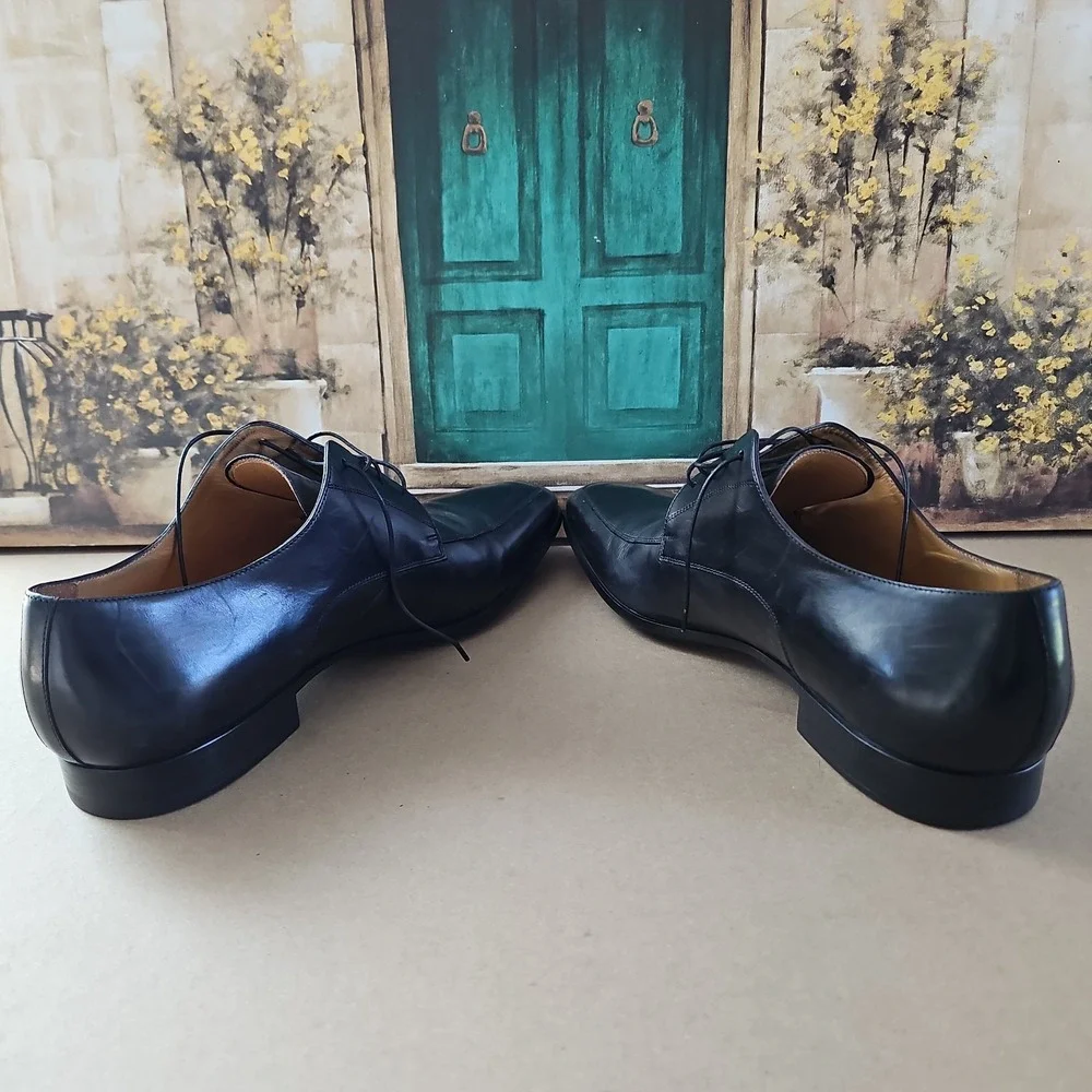 SANTONI Mens 11.5 Black Apron Toe  Dress Derby Oxfords Italy